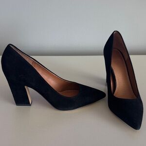 Franco Sarto Black Suede Pointed Toe Block Heels